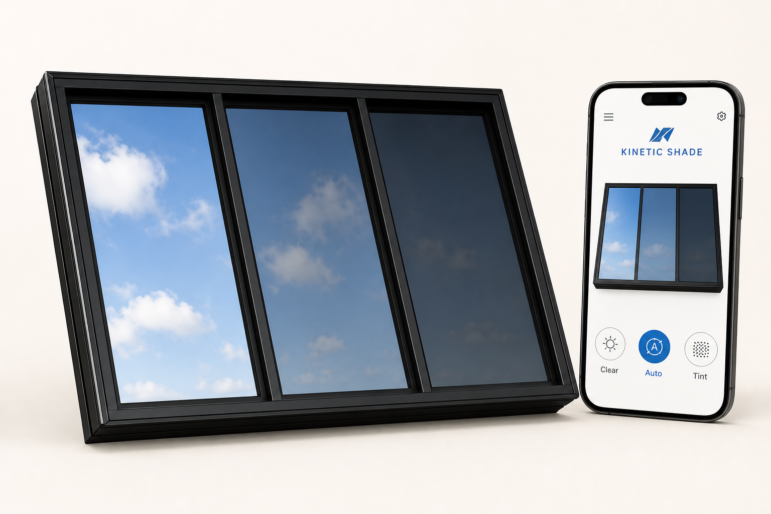 Kinetic Shade tinting unit beside the Kinetic Shade phone app